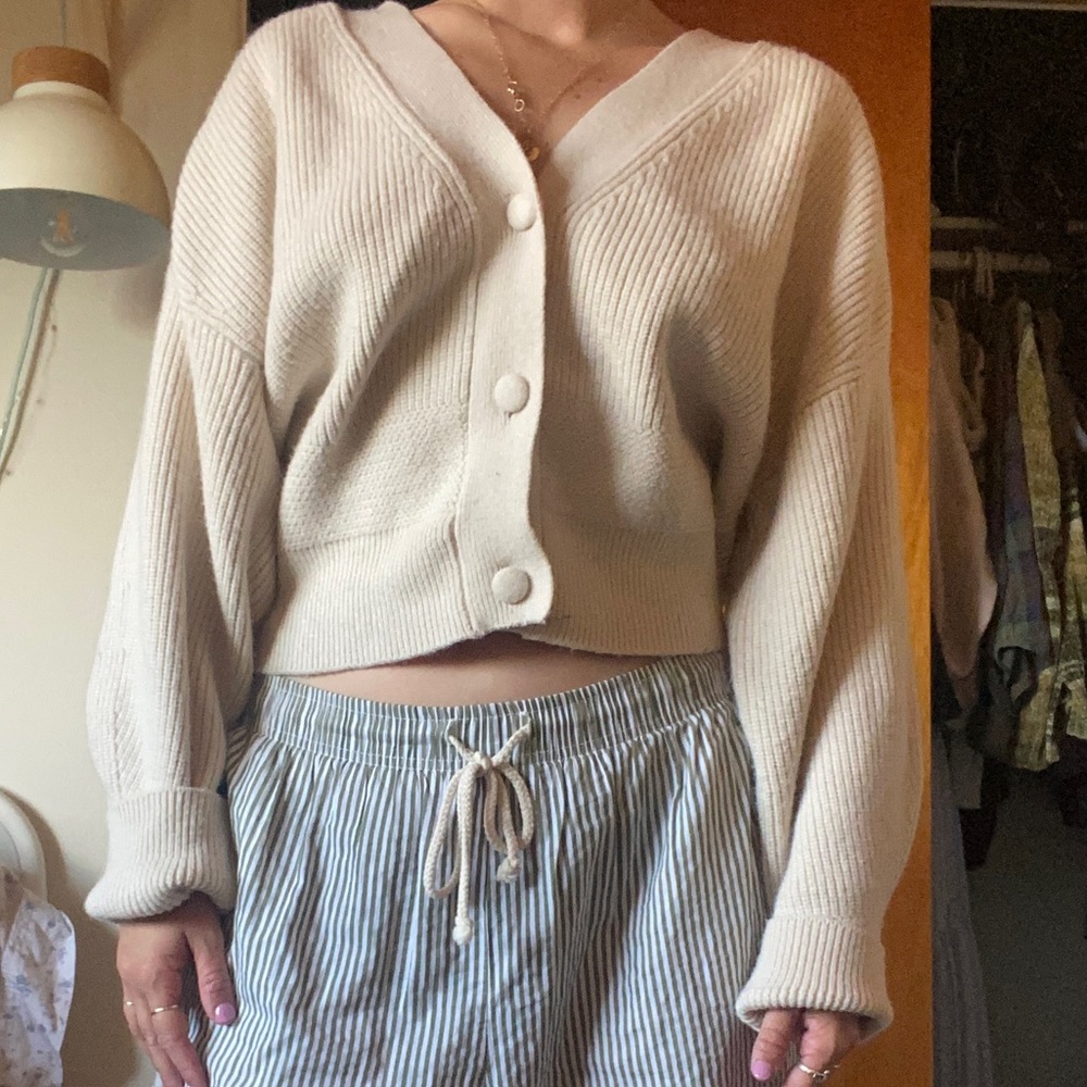 Cream Cropped Knit Button up Sweater